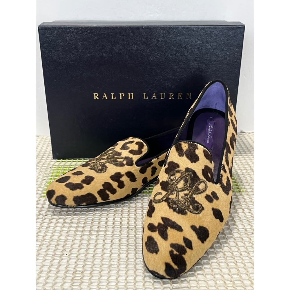 Ralph Lauren Purple Label Shoes Women 7.5 Leopard Calf Hair Monogram Loafers NEW